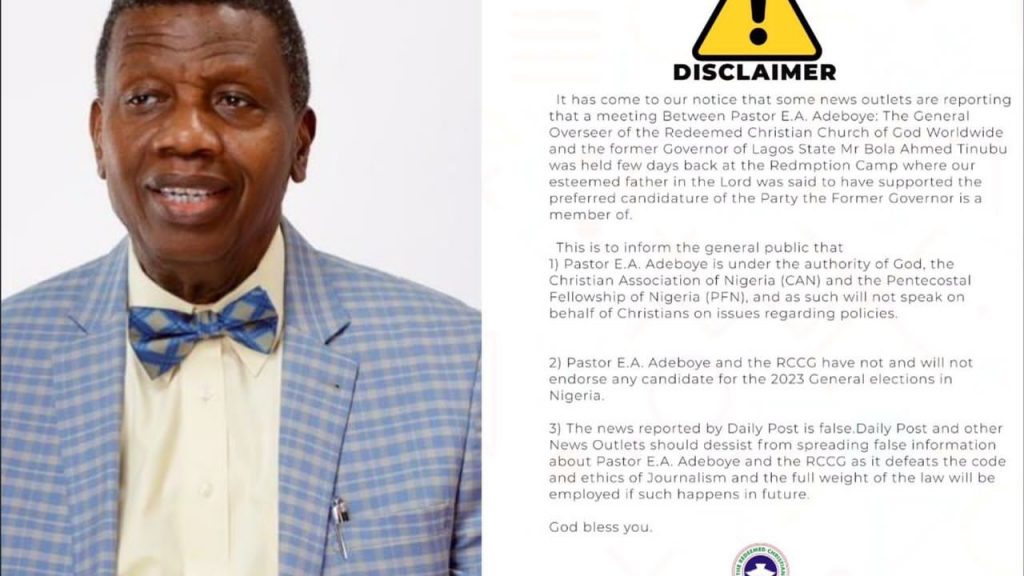 Adeboye Will Not Endorse Candidate For 2023 Elections — RCCG